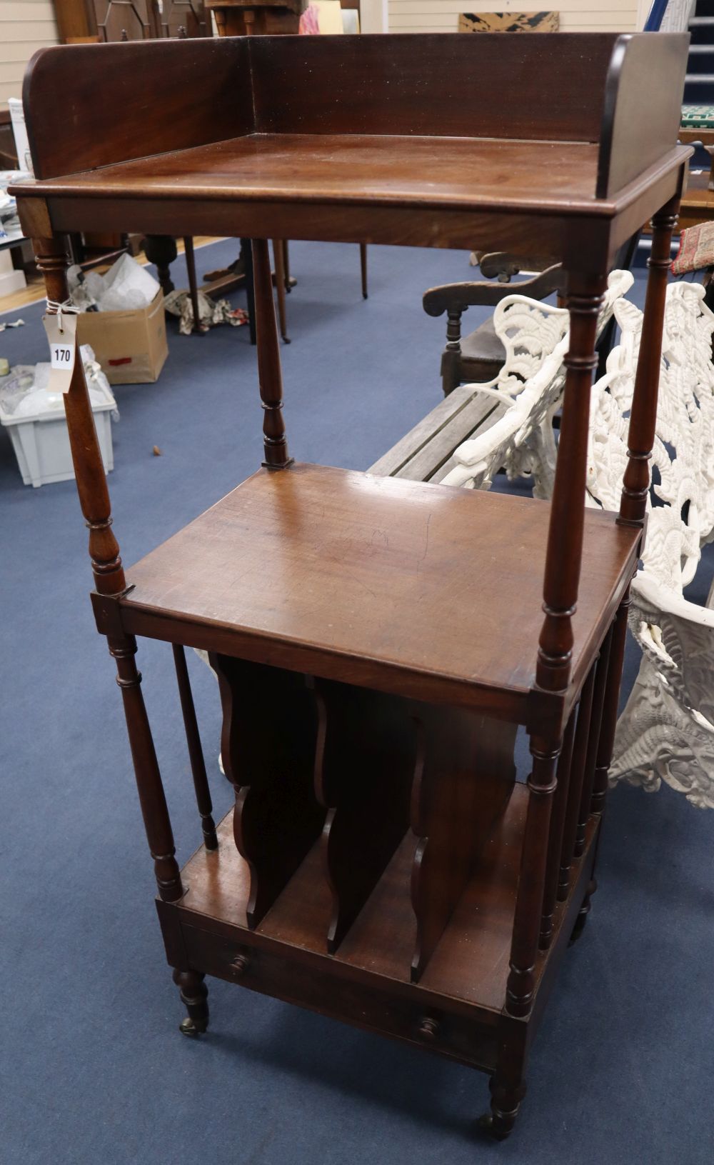 A Regency mahogany Canterbury whatnot, width 51cm height 127cm